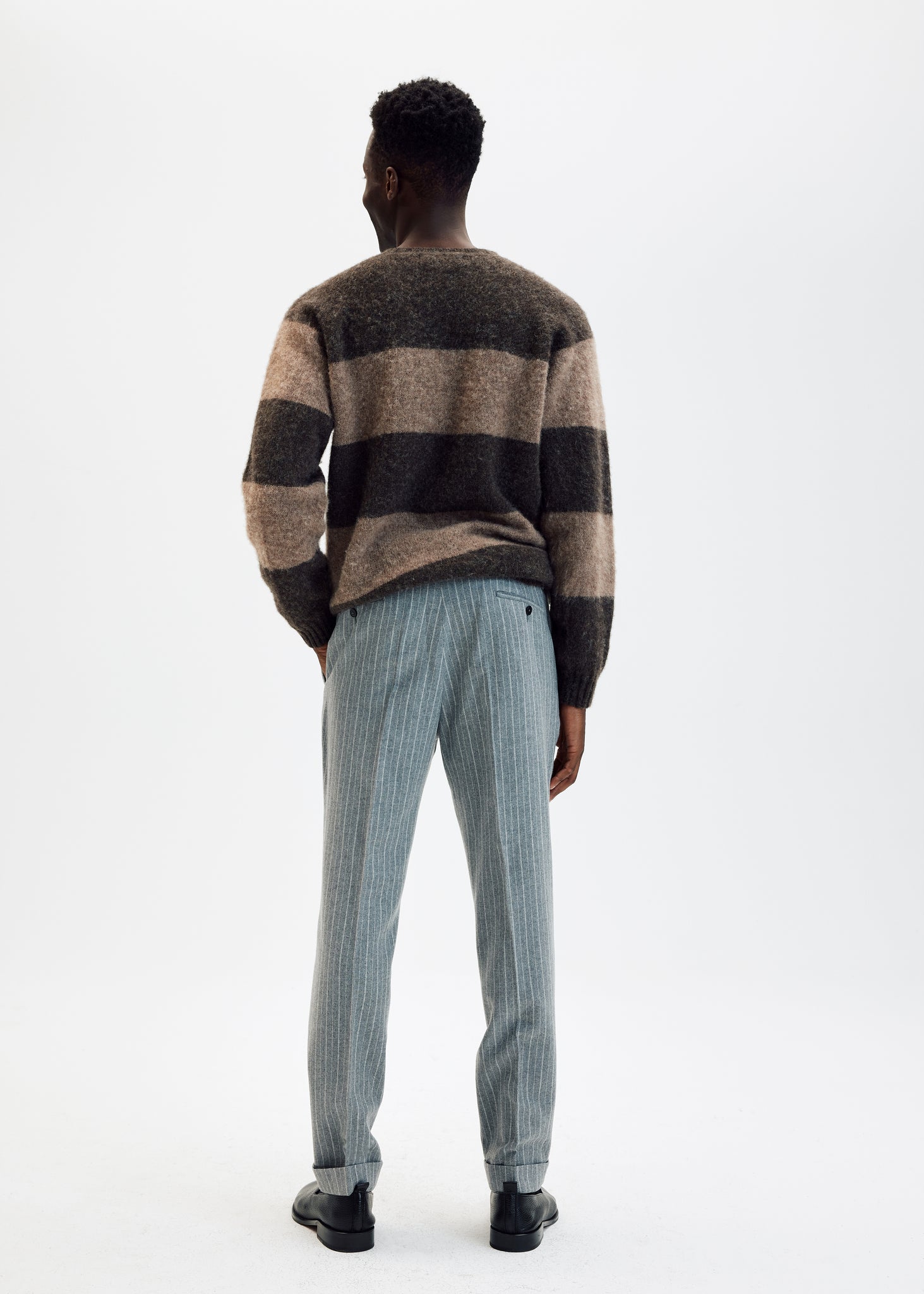 Grey pinstripe wool flannel tapered trousers