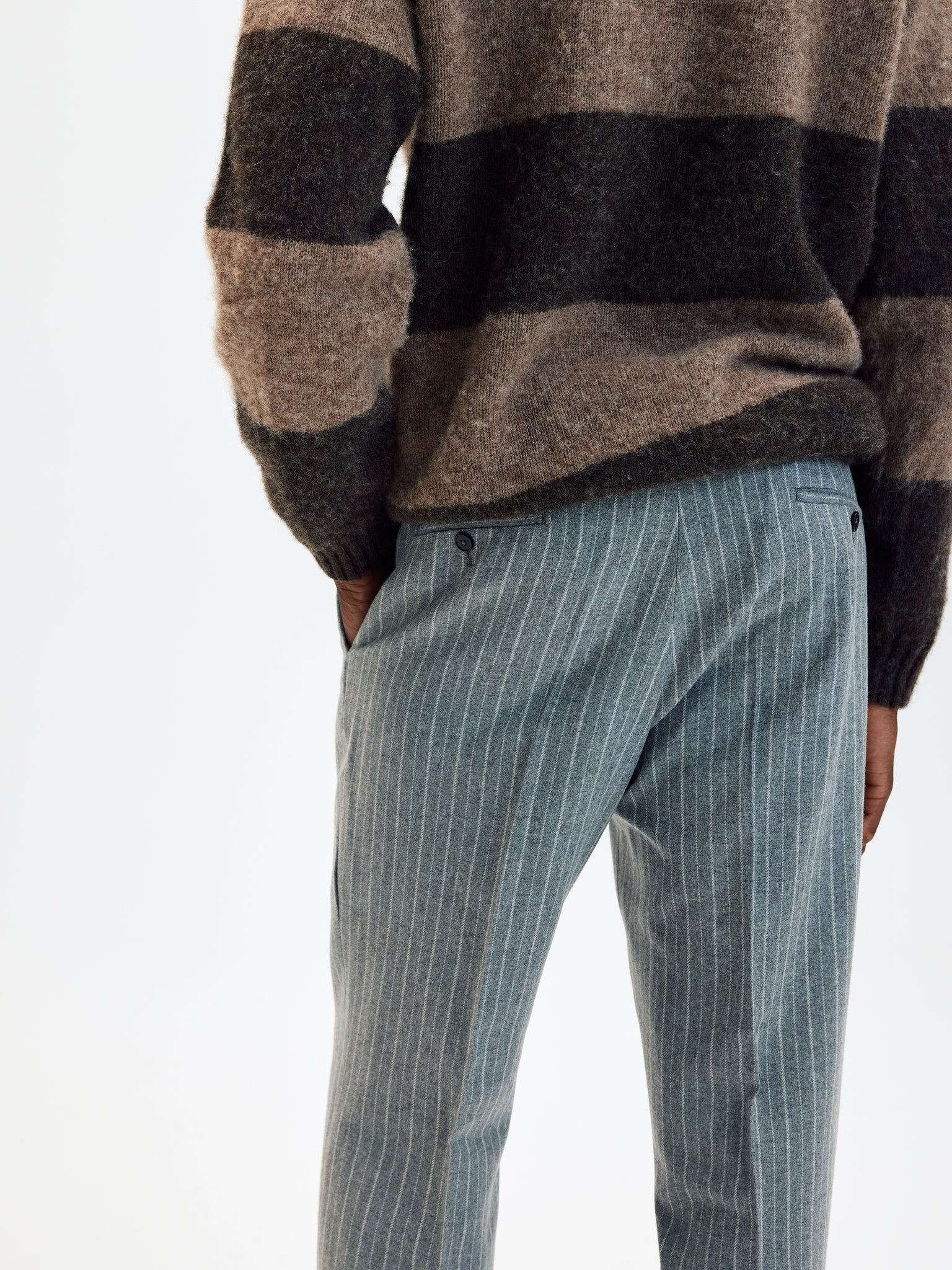Grey pinstripe wool flannel tapered trousers