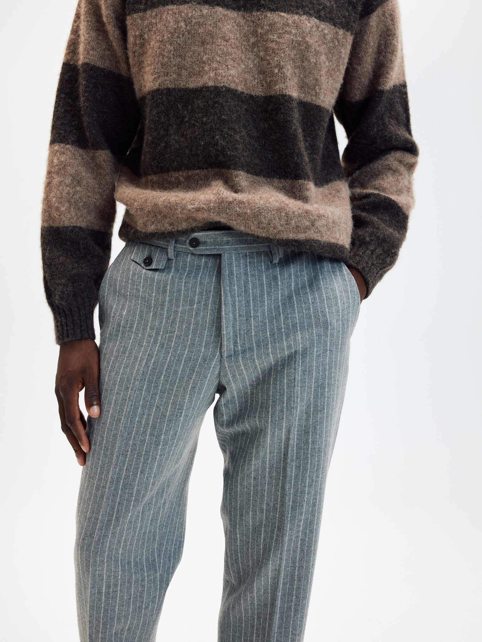Grey pinstripe wool flannel tapered trousers