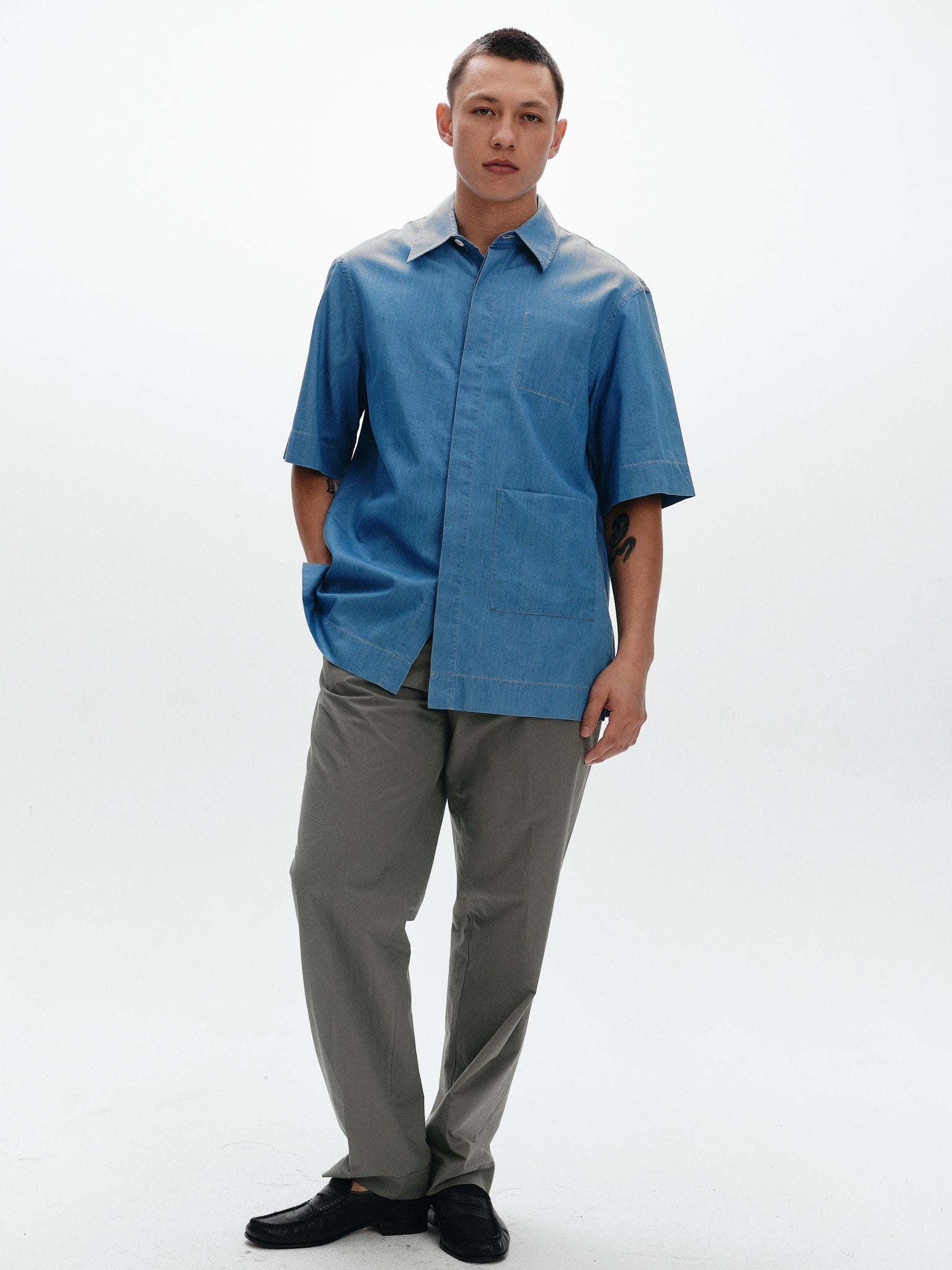 Washed denim relaxed fit short sleeve shirt