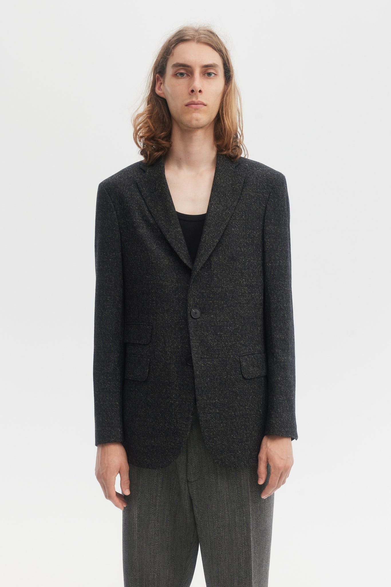 Black wool and cashmere tweed unconstructed blazer 50